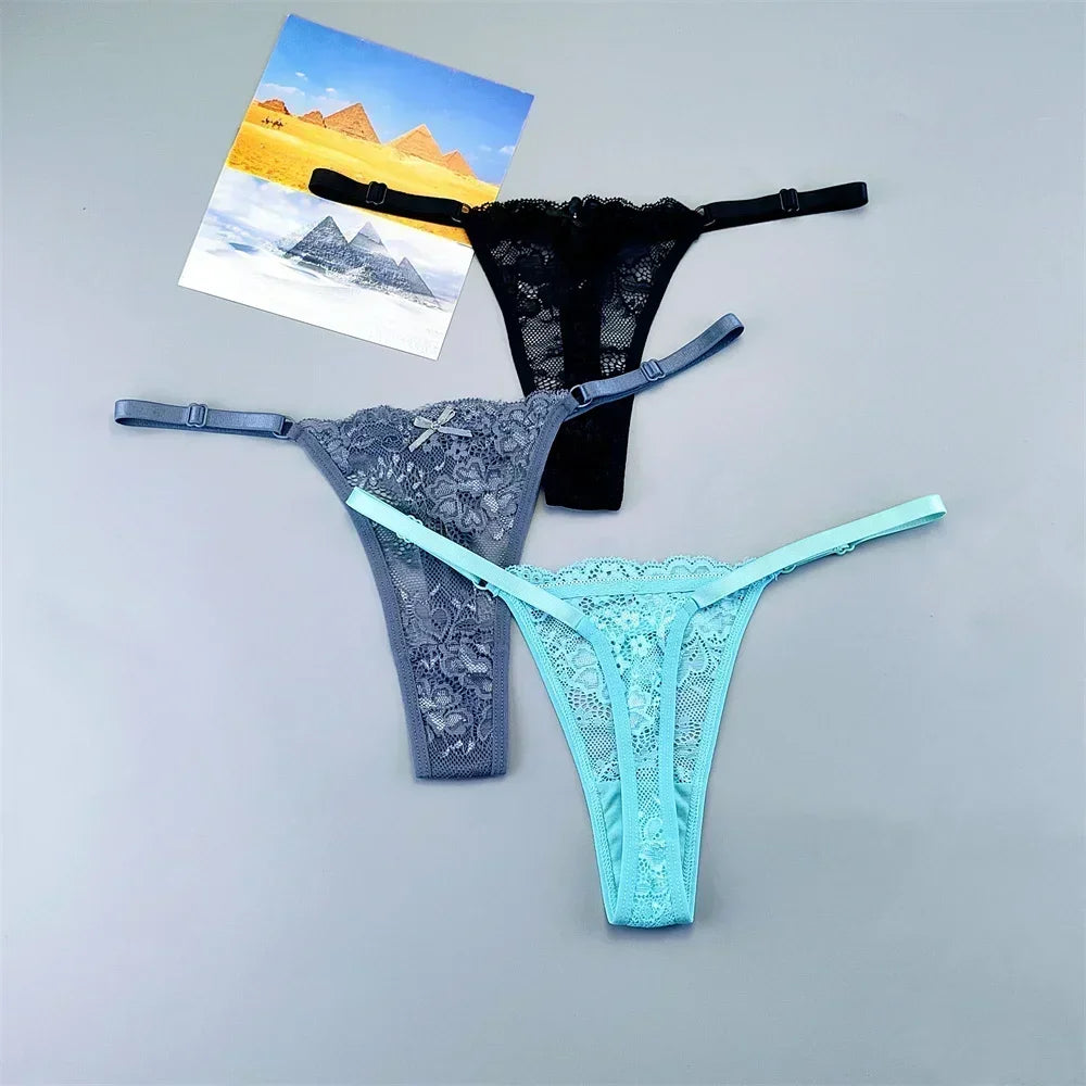 3PCS Einstellbare Sexy Transparent Tanga Höschen Frauen Spitze Unterwäsche Niedrige Taille Weibliche T-zurück String Unterhose
